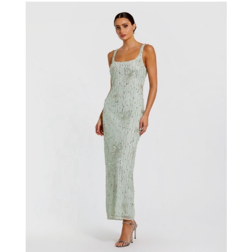 Mac Duggal 94129 Seafoam Beaded Mesh Scoop Neck Fitted Gown With Bows $598 sz 2